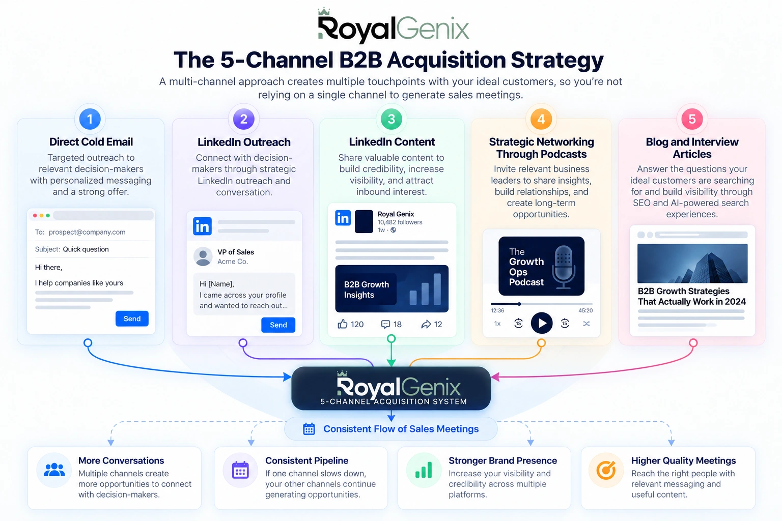 Five channels connect cold email, LinkedIn outreach, LinkedIn content, podcast networking, and articles in one customer acquisition system